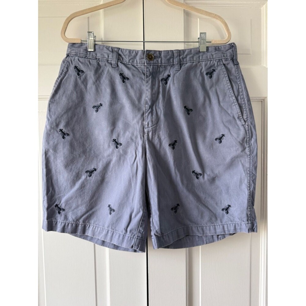 Lands' End Blue Flat-Front Shorts with Navy Blue Lobster Embroidery Preppy Sz 36